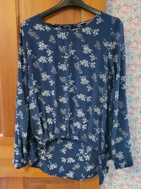 Street One Navy Blue Floral Chiffon Blouse High-Low Smocked Hem Tie Top EUR 38